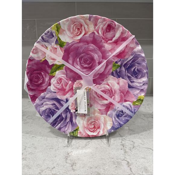 Set 4 Jolie Fleur Floral Roses 11” Melamine Dinner Plates Pink Purple Spring New - Picture 1 of 6